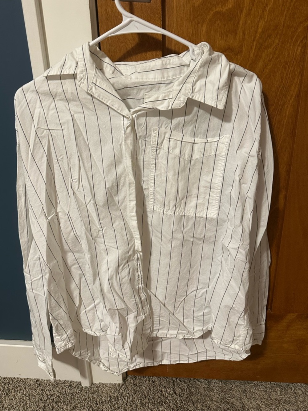 American Eagle Cream Shirt with Thin Black Stripes